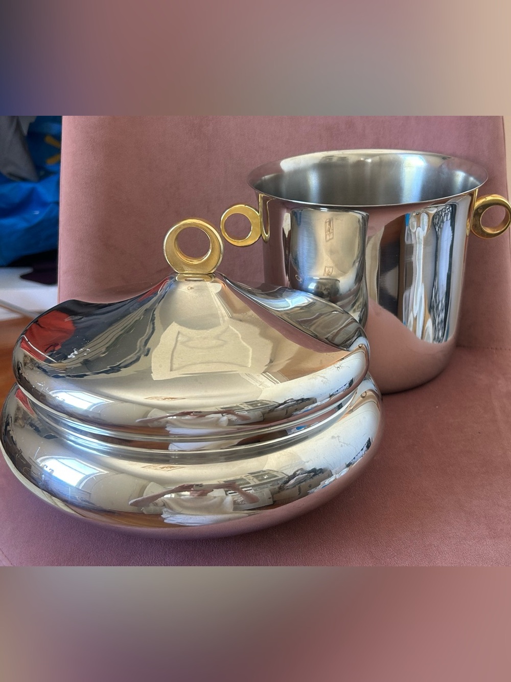 Vintage Italian Inoxbeck Champagne Bucket and Lidded serving dish gold handles